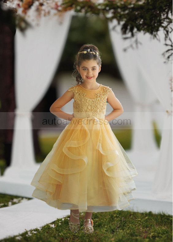 Pearl Beaded Neck Lace Tulle Flower Girl Dress With Horsehair Hem